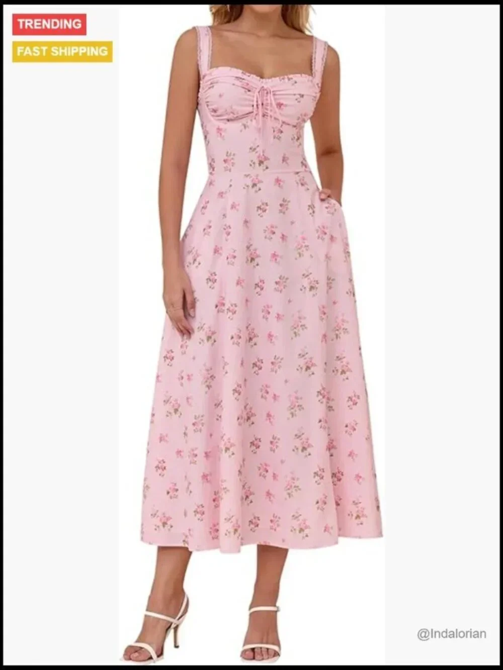 Floral Corset Midi Dress Lace Up Flowy Summer Wedding Guest Dress with Pockets